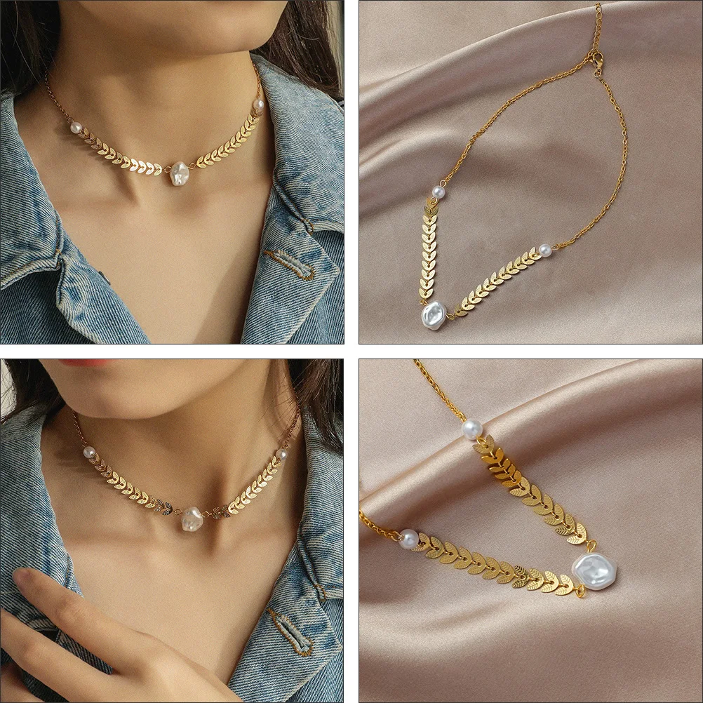 

1Pcs Pearl Pendant Necklace Adjustable Elegant Chic Wheat Ear Collarbone Chain Stylish Baroque Fashion Jewelry Accessory