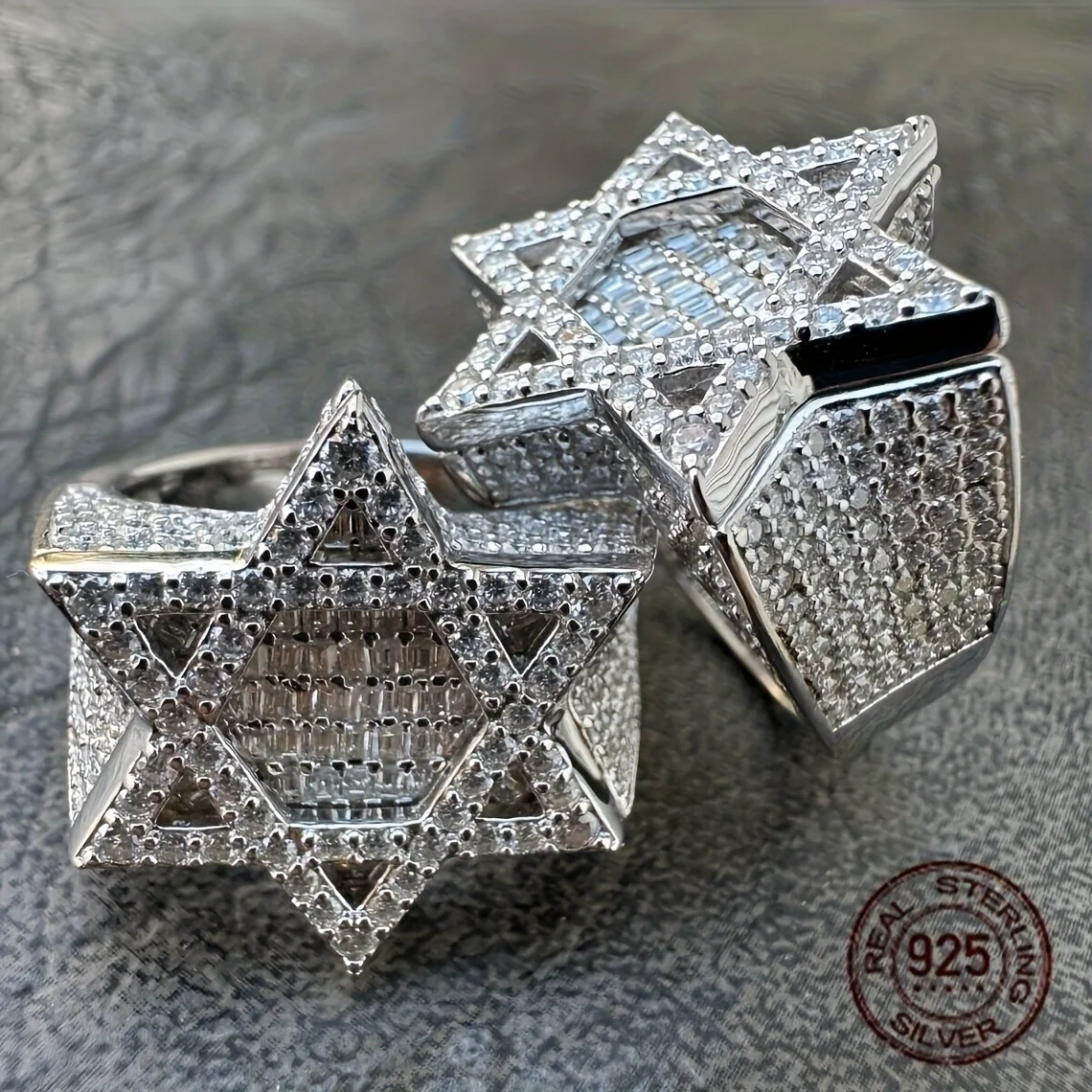 Men's Luxury 925 Sterling Silver Retro Hexagram Hip Hop Ring Platinum Plated Rapper Singer Punk Jewelry