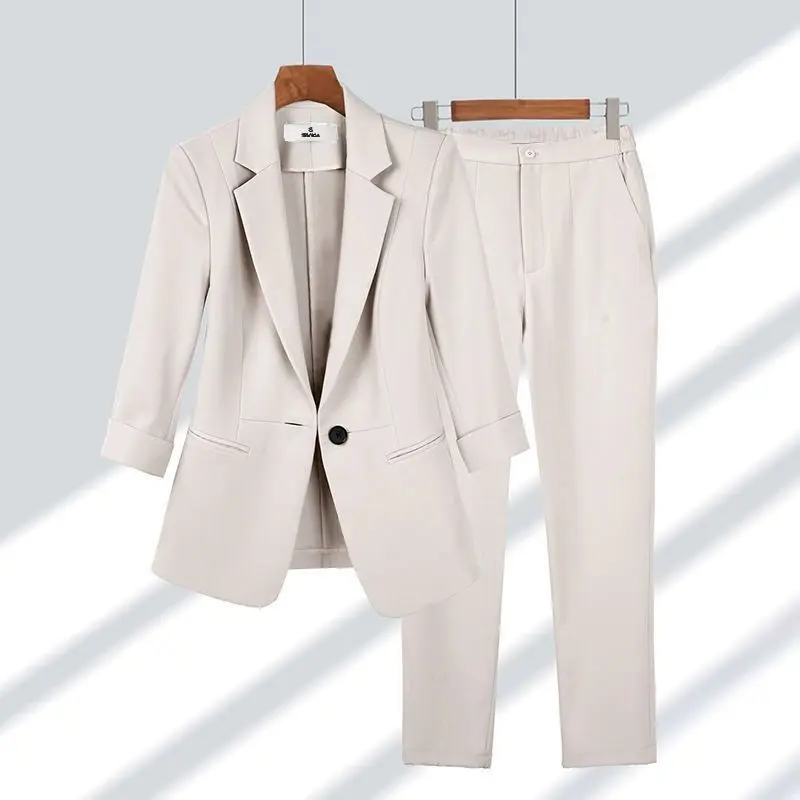 Elegant Women's Pants Set Office Outfits Business Clothing Summer New Thin Jacket Blazer Casual Wide Leg Pants Two Piece