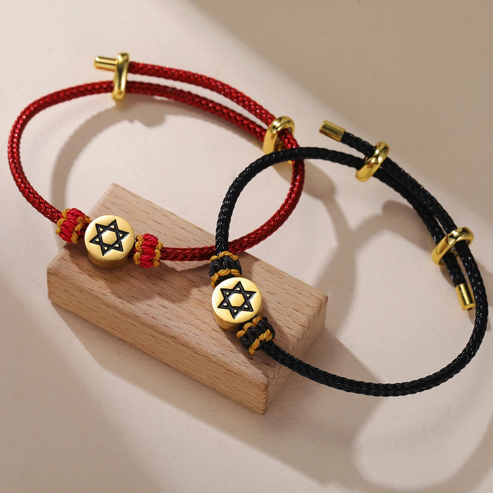 1 Stück Retro Rundes Sechseckiges Stern-Armband aus Geflochtenem Seil Edelstahl Davidstern Verstellbares Armband Charm-Schmuck Chanukka-Geschenk