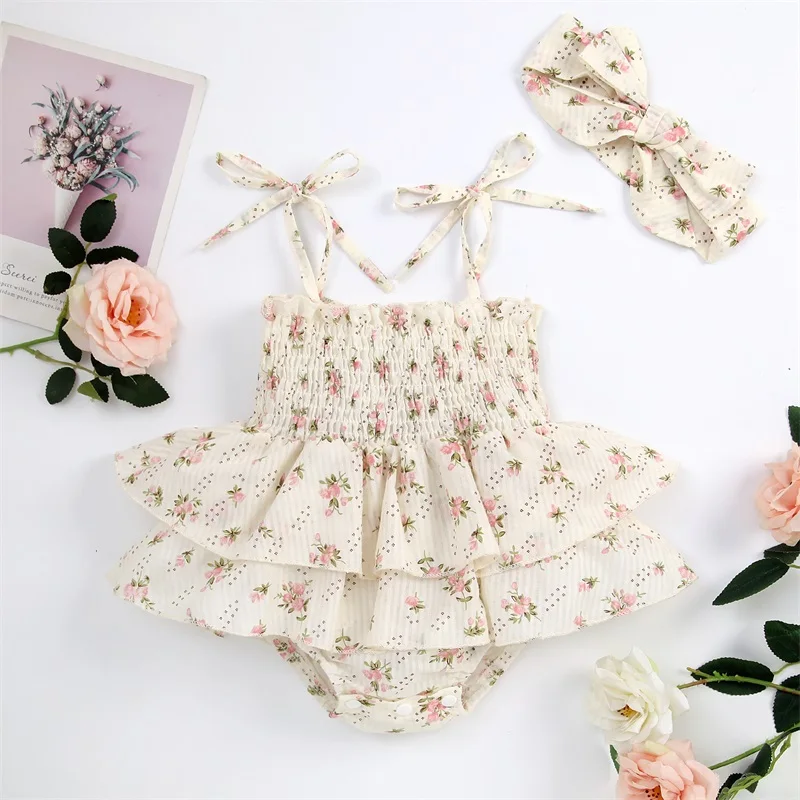 Lovely Summer Newborn Baby Girls Rompers Sleeveless Bandage Elastic Layered Rompers Jumpsuits Skirts Headband Casual Clothes