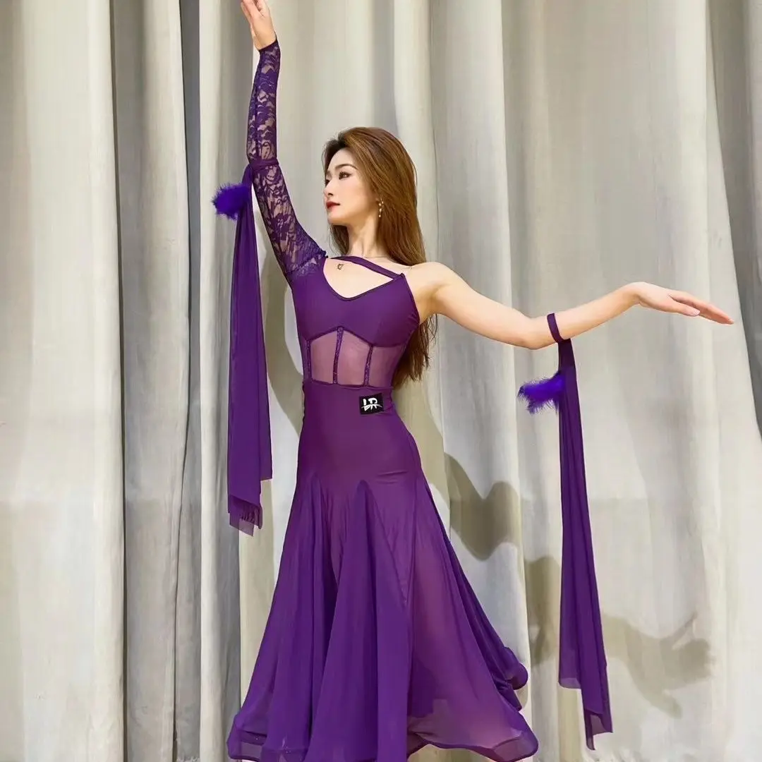 Vrouwen Nationale Standaard Dans Jurk Enkele Mouw Moderne Dans Kleding Sexy Grote Schommel Ballroom Danswedstrijd Jurk DN22410