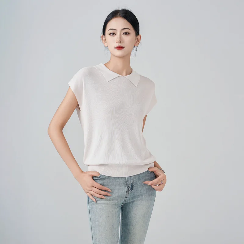 2024 French Chic Collared Short Sleeved Knitted Sweater For Summer Thin Cool Loose Fitting Pullover With A Slimming And Ice Silk