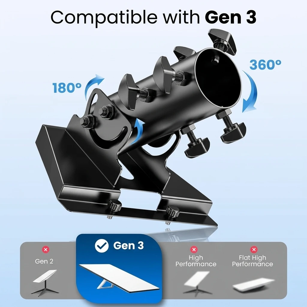 Starlink Gen 3 Mount Pole Kit, 90‑180° Adjustable Heavy‑Duty Black Metal Satellite Dish Stand, Easy Installation Weatherproof