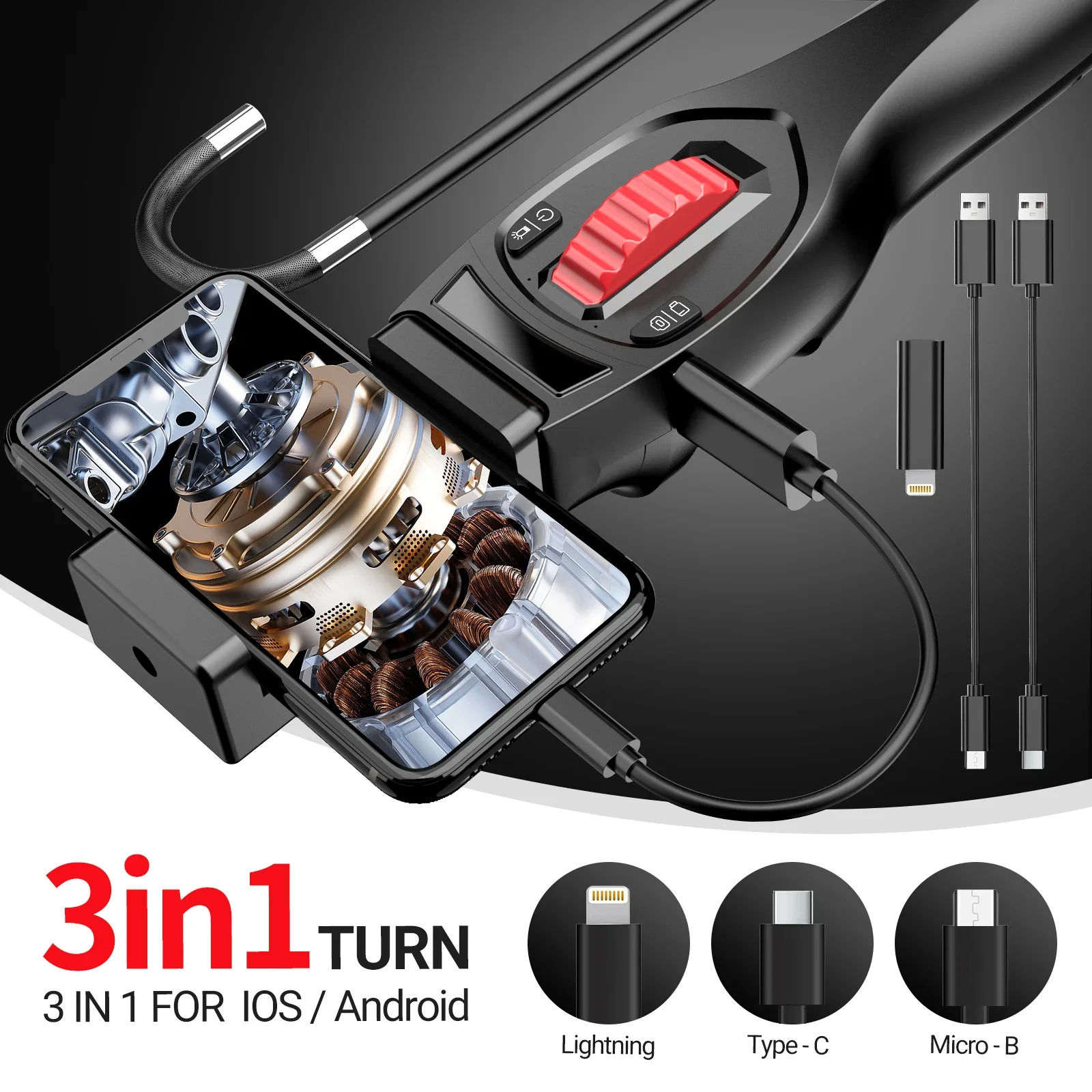 3,9 mm tweewegendoscoop scharnierende industriële Borescope Snake-camera met licht 360 ° Rotatie rioolcamera Ondersteuning Android IOS