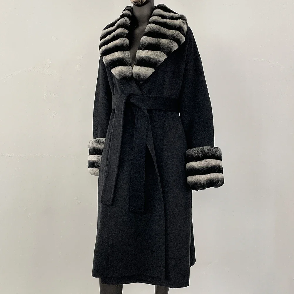معطف صوف فرو أرنب ريكس حقيقي للنساء أنيق طويل من الصوف بأصفاد معطف صوفي مزيج من الصوف للربيع والخريف بياقة من الفرو الحقيقي
