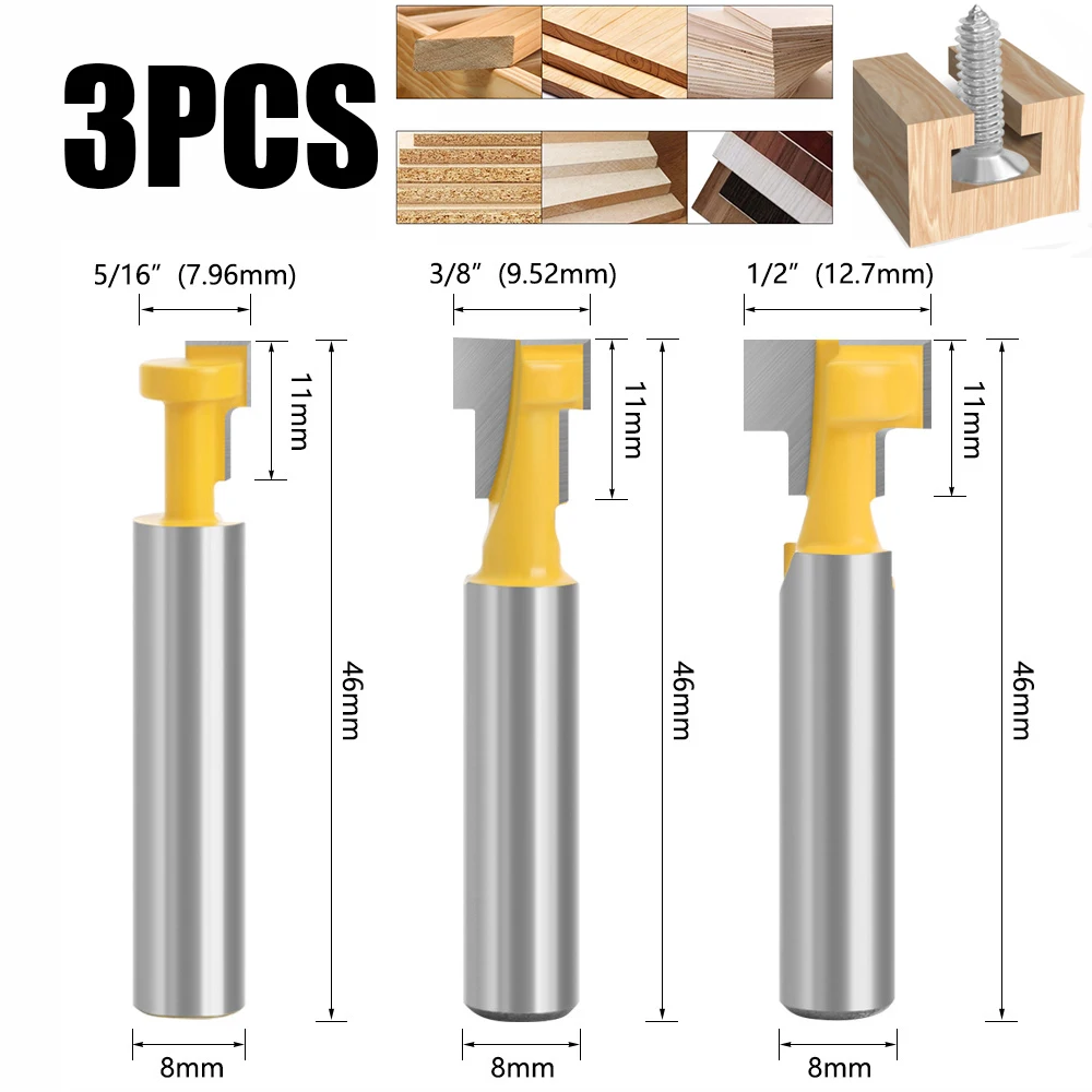 3Pcs 8mm Shank Lock Hole Cutter Woodworking Milling Cutter,T-type Keyhole Cutter,carbide Material Chisel Cutter