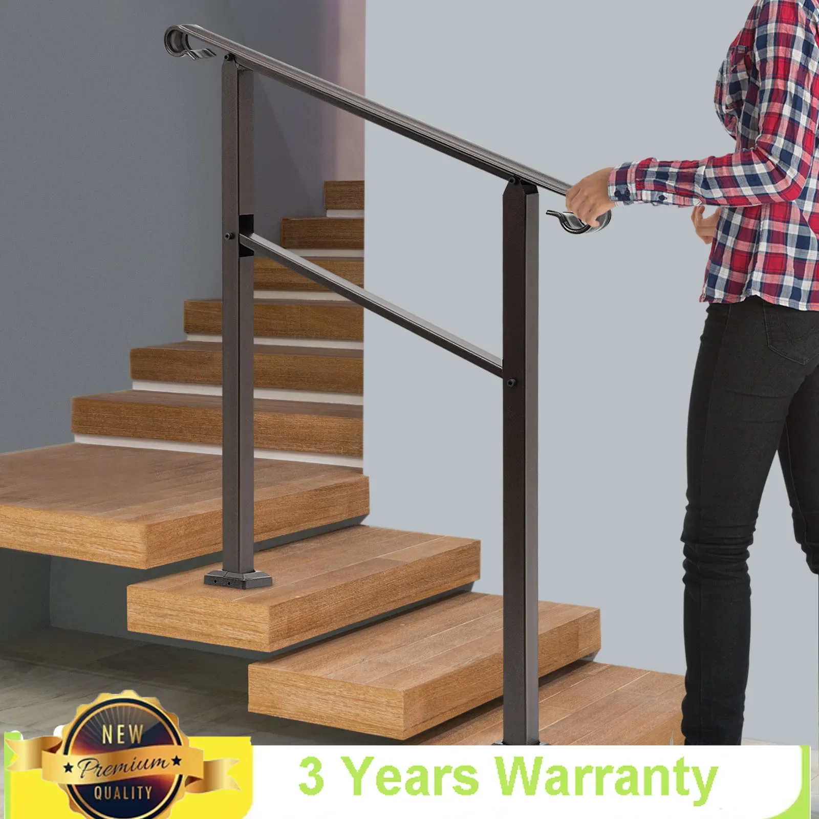 3-Step Outdoor Staircase Handrail with 881.8lbs Load-bearing Capacity,39inch Carbon Iron for Railing Porches, Balconies, Gardens