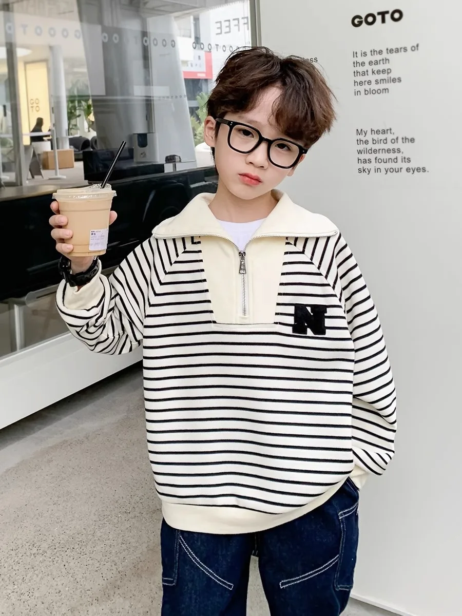 

Korean Spring Autumn Children Boy Knitted Tops Junior Boy Striped Half Zip Sweater Pullover School Boy Warm Knitwears 4-12Yrs