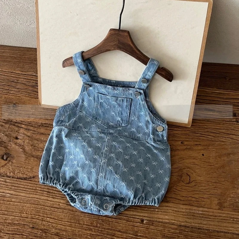 Baby Girls Bow Printed Denim Crawling Suit for Spring Autumn New Product for Casual Korean Style Triangle Jumpsuit 2025