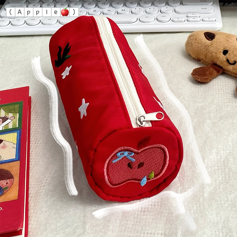 Cute Red Apple Embroidered Star Pencil Case Cartoon Portable Cosmetic Bag Storage Bag Stationery Pouch Student Gifts