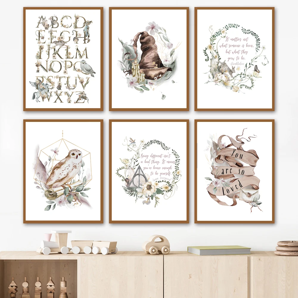Magical Beasts Floral Whimsical Wizard Magic School Nursery Posters Minimalist Canvas Painting Wall Art for Modern Home Decor
