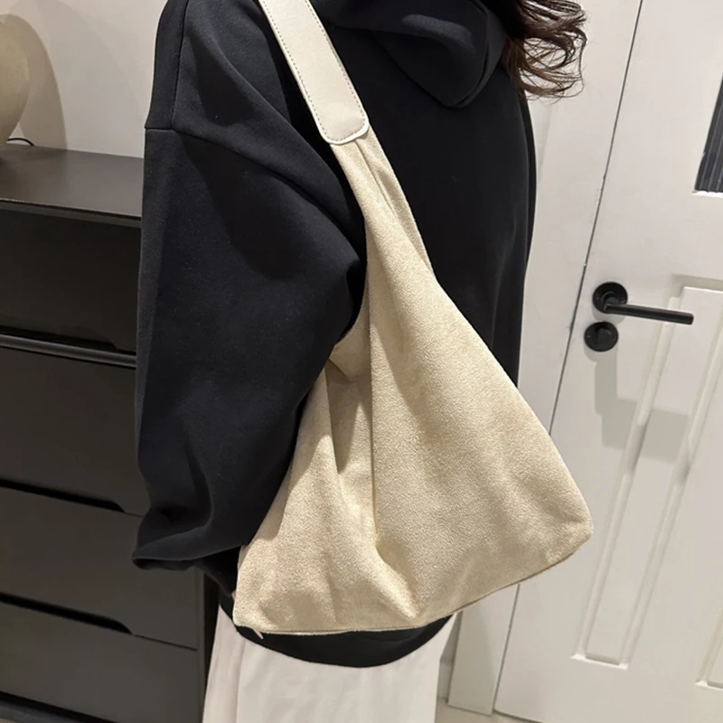 Vintage Damentasche, große Kapazität, Wildleder-Umhängetasche, einfarbig, schlichtes Design, lässige Pendler-Shopper-Tasche – Detail 15