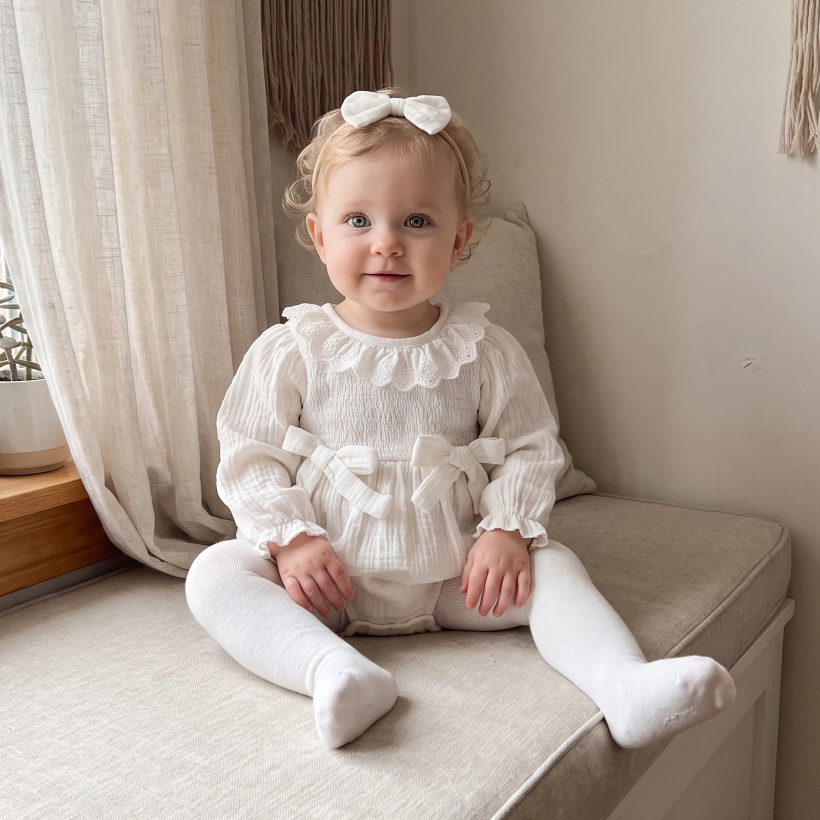 Tregren 0-18M Newborn Infant Baby Girl Romper Cute Puff Long Sleeve Crew Neck Bodysuit and Bow Headband Sets
