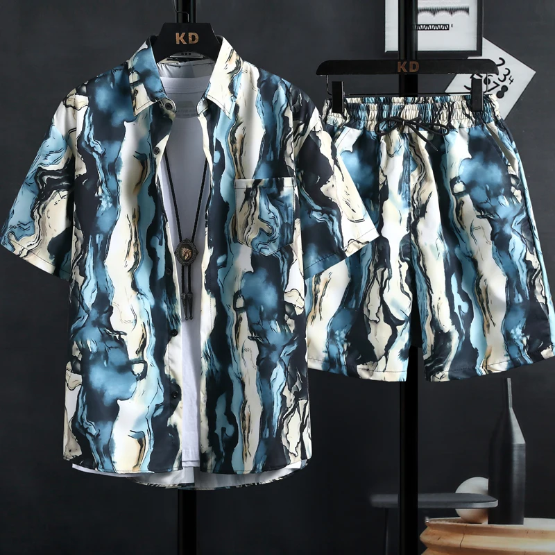 New sets of men\'s printed shirts, trendy high quality shorts, Hawaiian style casual floral tops, INS HOT men and women