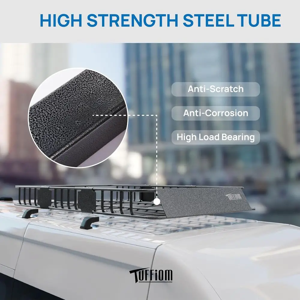 سلة حامل شحن على السطح قابلة للتمديد، سلة حامل سقف فولاذية عالمية مع شبكة + حقيبة تخزين + مسند للقدمين + أشرطة، شديدة التحمل