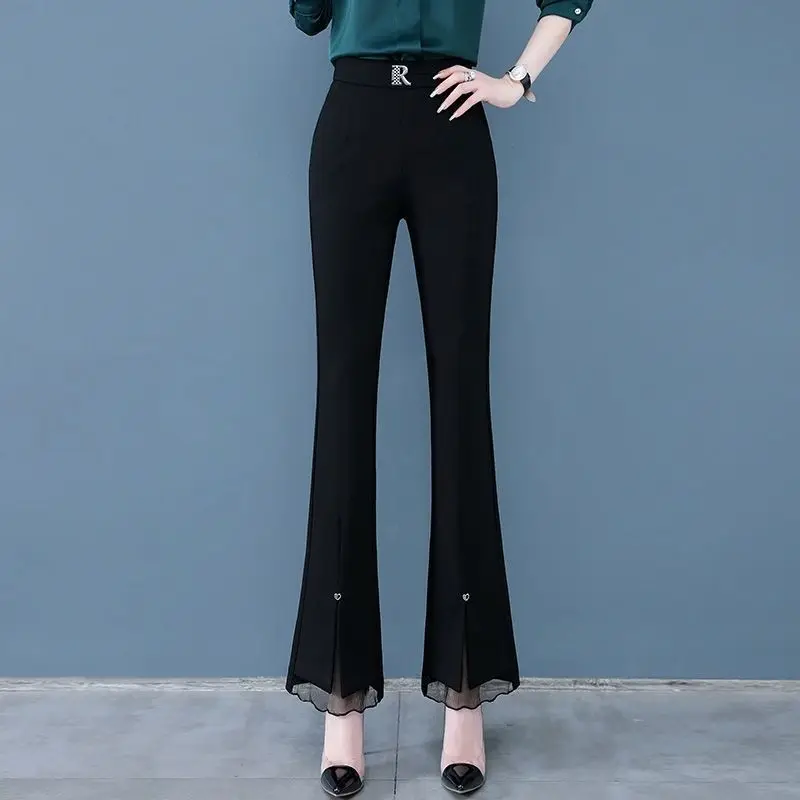 

All-match Elastic High Waist Splicing Lace Nine Points Pants Spring Autumn Casual Pockets Black Micro Flare Long Trousers Female