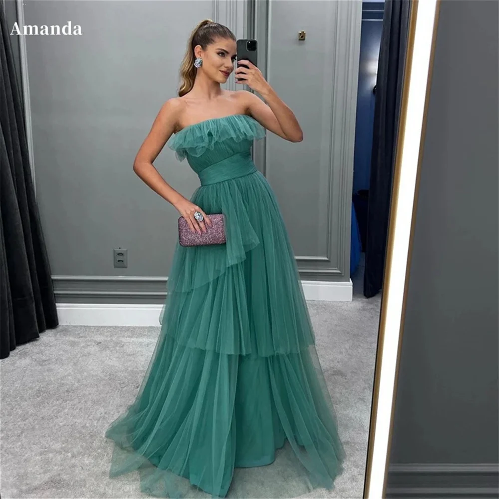 

Amanda Green Tulle vestidos de noche Strapless A-line Prom Dresses Elegant Sleeveless Floor-Length Pleats Formal Evening 2024