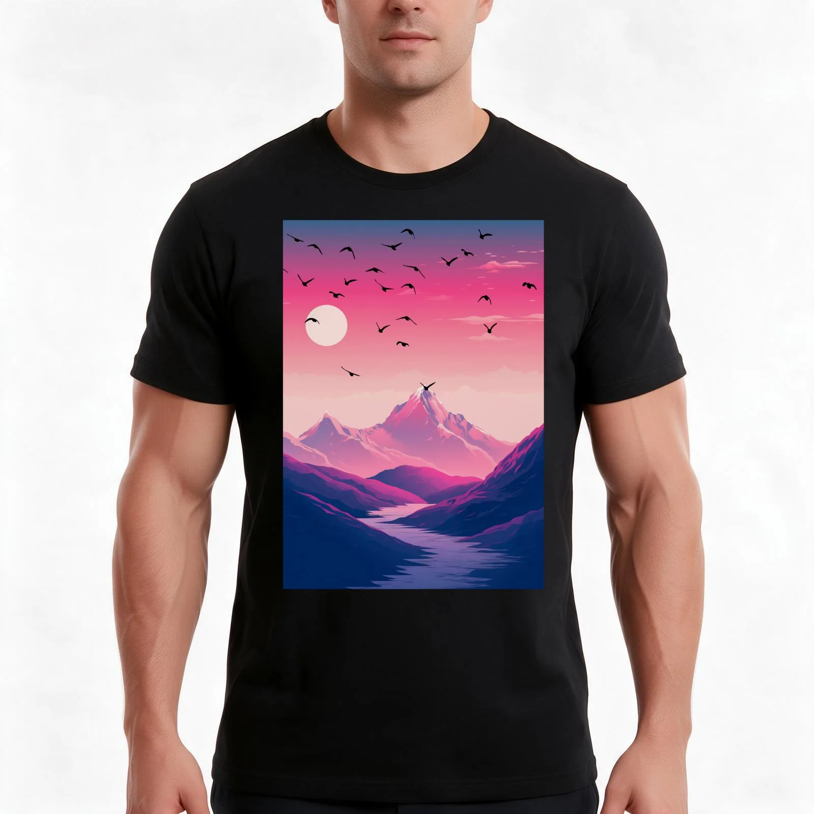 Romantic sunset sunrise flying crows T-Shirt, Summer Casual Cotton Tee, Oversized Streetwear Tops, Vintage Graphic Print
