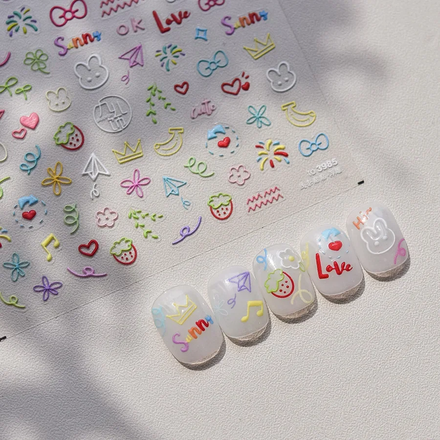 Cartoon Graffiti Lines Rabbit Rainbow Butterfly Flower Bowknot Star Heart Bunny Embossed Relief Nail Art Stickers Manicure Decal