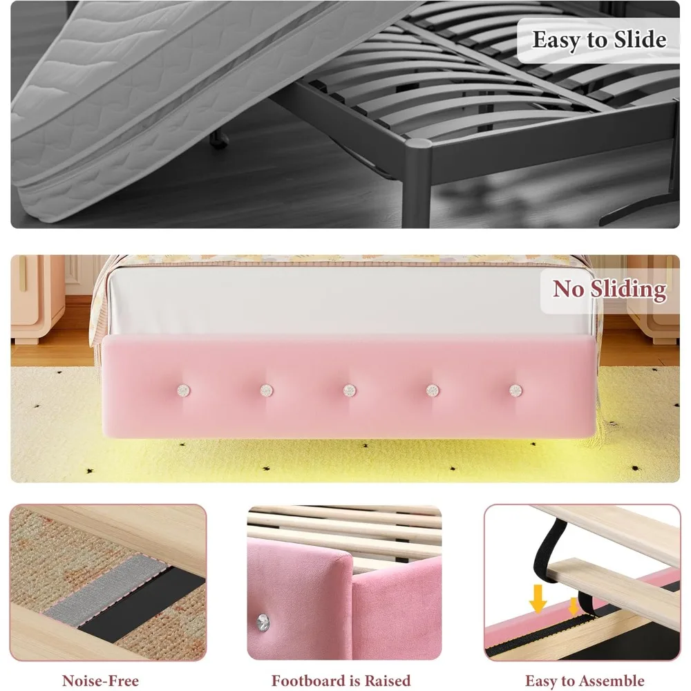Keyluv Twin Bed Frame Butterfly-Pattern Upholstered Headboard, Modern Floating Bed with LED Lights Button Tufted on Headboard an