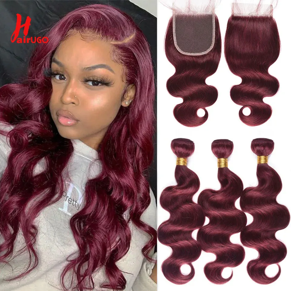 

99J Body Wave Hair Bundles With Closure Burgundy 4x4 Lace Closure With Human Hair Bundles Deals Remy Hair Extensions HairUGo