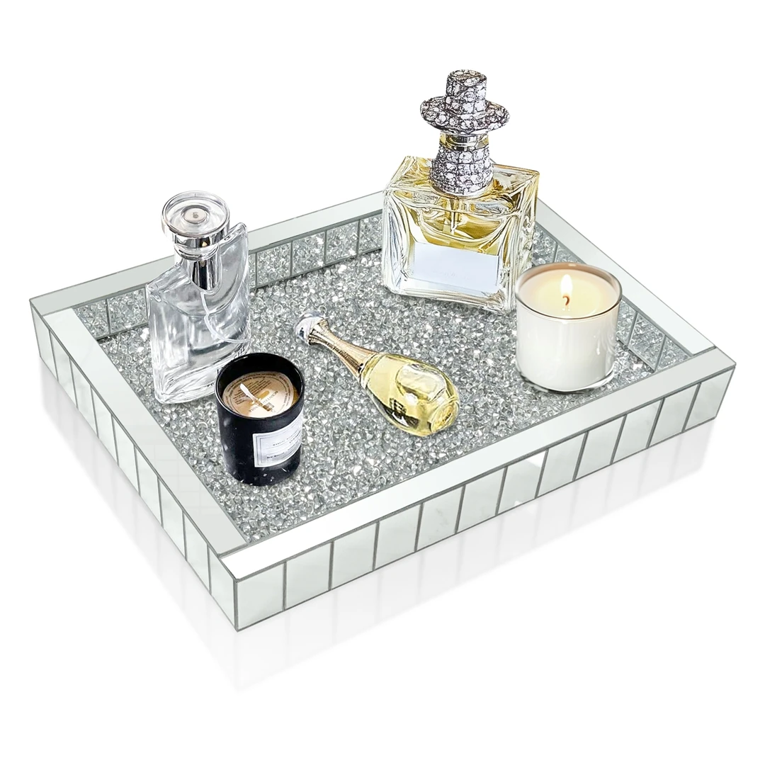 Rechteckiges, verspiegeltes Tablett aus Silber mit zerkleinerten Diamanten, Kristallschmuck- und Parfüm-Organizer, Badezimmer-Waschtisch-Serviertablett für Zuhause