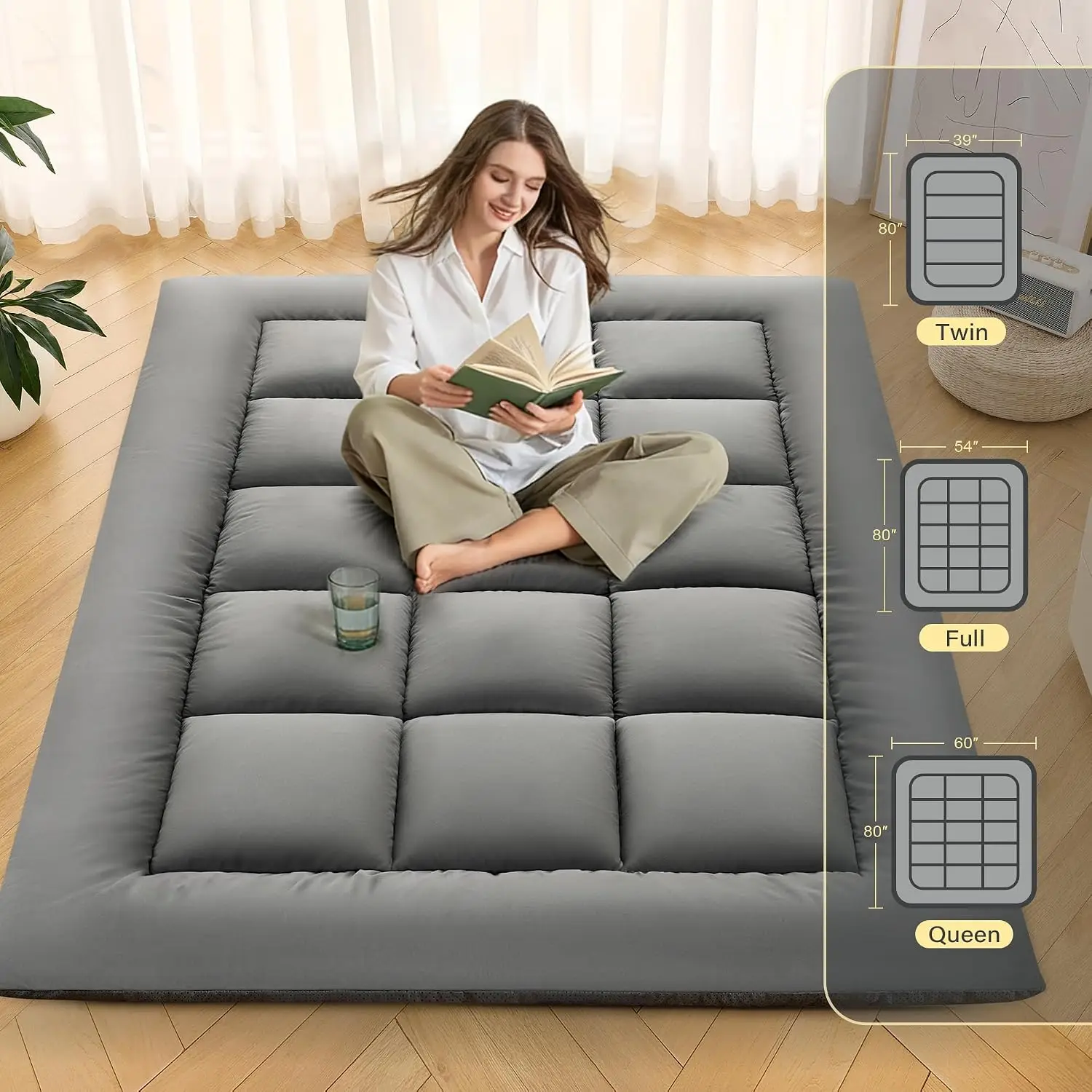 Foldable Japanese Floor Mattress, 3 Inch Portable Futon Tatami Sleeping Mat with Carry Handles, Rollable Guest Bed for Adults, Camping & Floor Use, Twin Size, Grey (39x80)