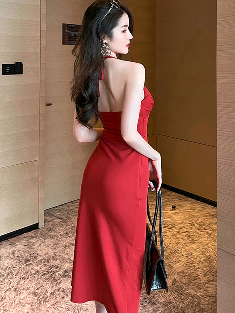 Femmes vacances Robe rouge Femme décontracté doux licou pansement dos nu moulante Robe Femme plage fête robes Robe d'été