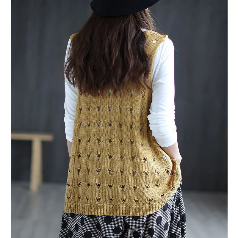 Women Clothing Autumn Vintage Simple Casual Hollow Y2K Sweater Vest Female Solid Sleeveless Loose All Match Knitted Waistcoat