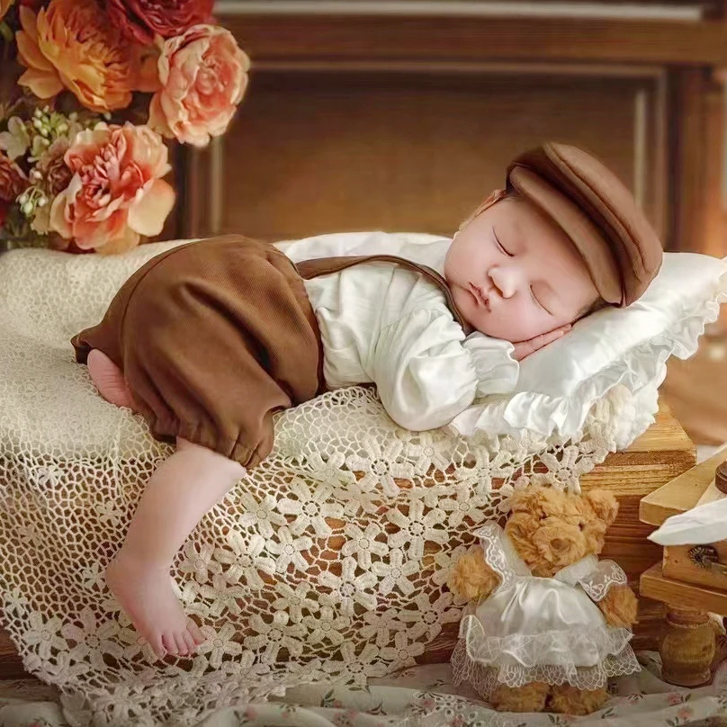 Vintage Court Newborn Boy Outfit for Photography Props Balloon Sleeve Baby Boy Shirt Overall Newborn Photography Accessories