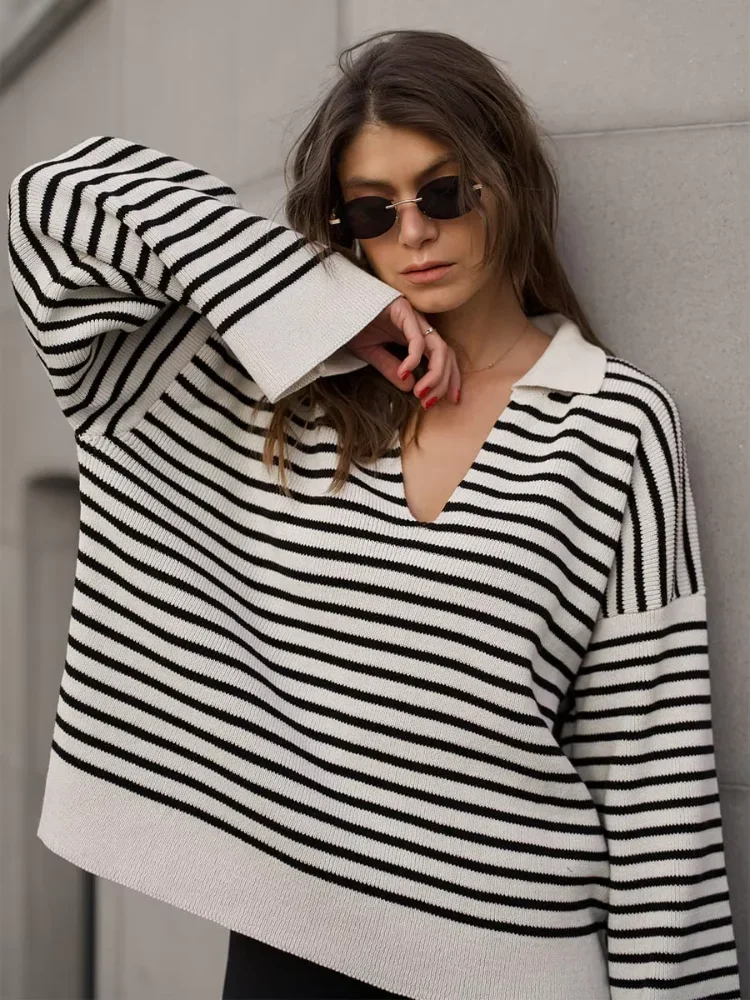 

Women Casual Striped V-neck Pullover Sweater Patchwork Lapel Loose Sweaters 2025 Autumn New Fashion Daily Commuting Pullovers