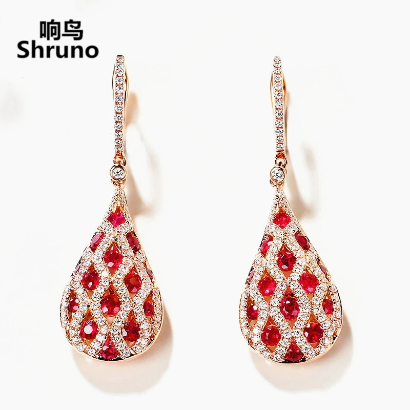 Shruno Solid 14K Rose Gold Water Drop Shape 1.6ct Natural Ruby Earrings Women Real Diamonds Wedding Drop Earrings Trendy Jewelry