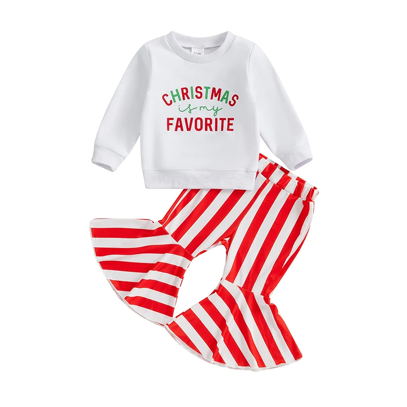 Toddler Girl 2-Piece Christmas Set with Long Sleeve Sweatshirt and Striped Bell Bottoms - Festive Baby Outfit for the Holidays