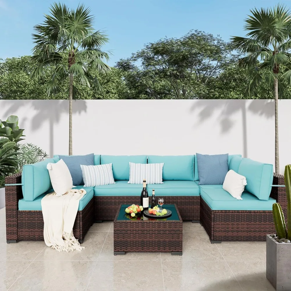 Terrassen möbel Set 7 stücke Terrasse Gespräch Set Outdoor Combo Korb weide Rattan Sofa mit Kissen für Veranda Garten Hinterhof Balkon