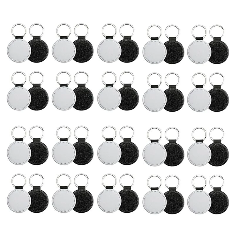 A32HOT-40Pack Sublimation Blanks Keychain Glitter PU Leather Keychain Heat Transfer Keyring Round Sublimation Blank Black