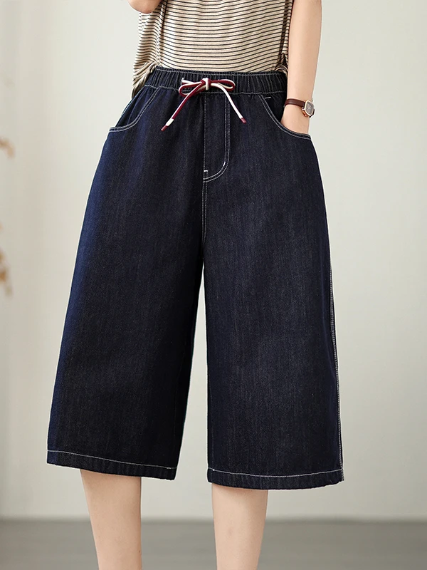 

Летние женские повседневные джинсы с высокой талией и широкими штанинами, на резинке, с цветочным декором на завязках, больших размеров, универсальные, стройнящие, укороченные (7/8)