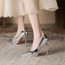 Silver High Heels Sexy Rhinestone Party Wedding Shoes for Women Pointed Toe Stilettos Pumps Patent Leather Platform Single Shoes