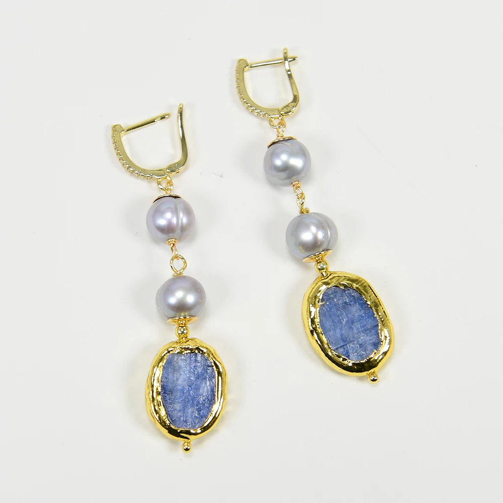 G-G Freshwater Cultured Gray Pearl Blue Kyanite Pendant Necklace Earrings Sets Simple Women Gifts