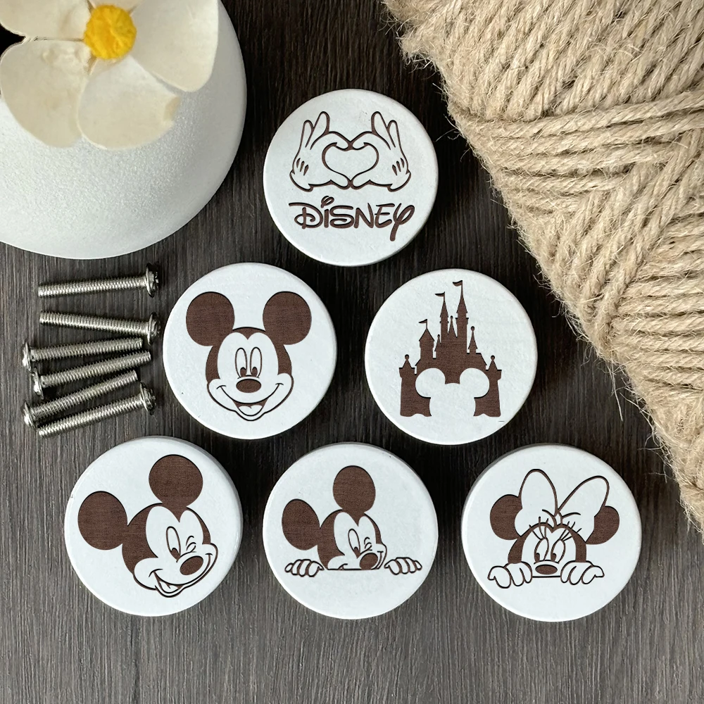 6Pcs Drawer Knob Mickey Mouse Wooden Engraved Cabinet Pulls Kitchen Room Boho Nursery Dresser Knobs Children Furniture Handle