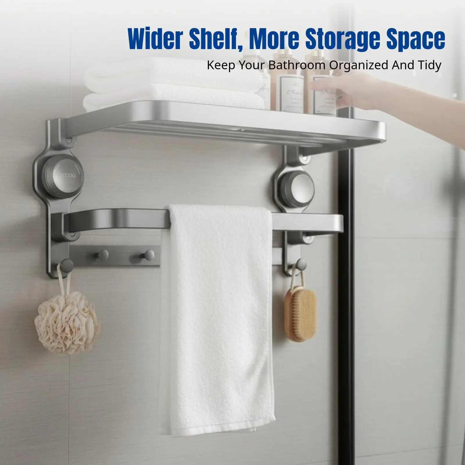 

Suction Mount Foldable Towel Rack, Bathroom Storage Shelf, Space Aluminum, No-Drill, Double-Tier Organizer for Shower Room