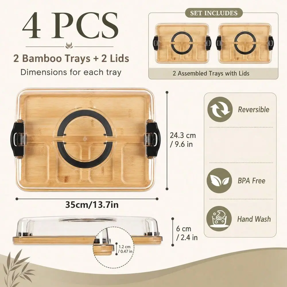 4PCS Bamboo Serving Tray Set, 2 Bamboo Boards + 2 Clear Lids, Rectangular Snack Platter With Compartments, Clear Cover, Side Locks & Carry Handle, Fruit Cheese Dessert Charcuterie Tray For Party Picnic Kitchen