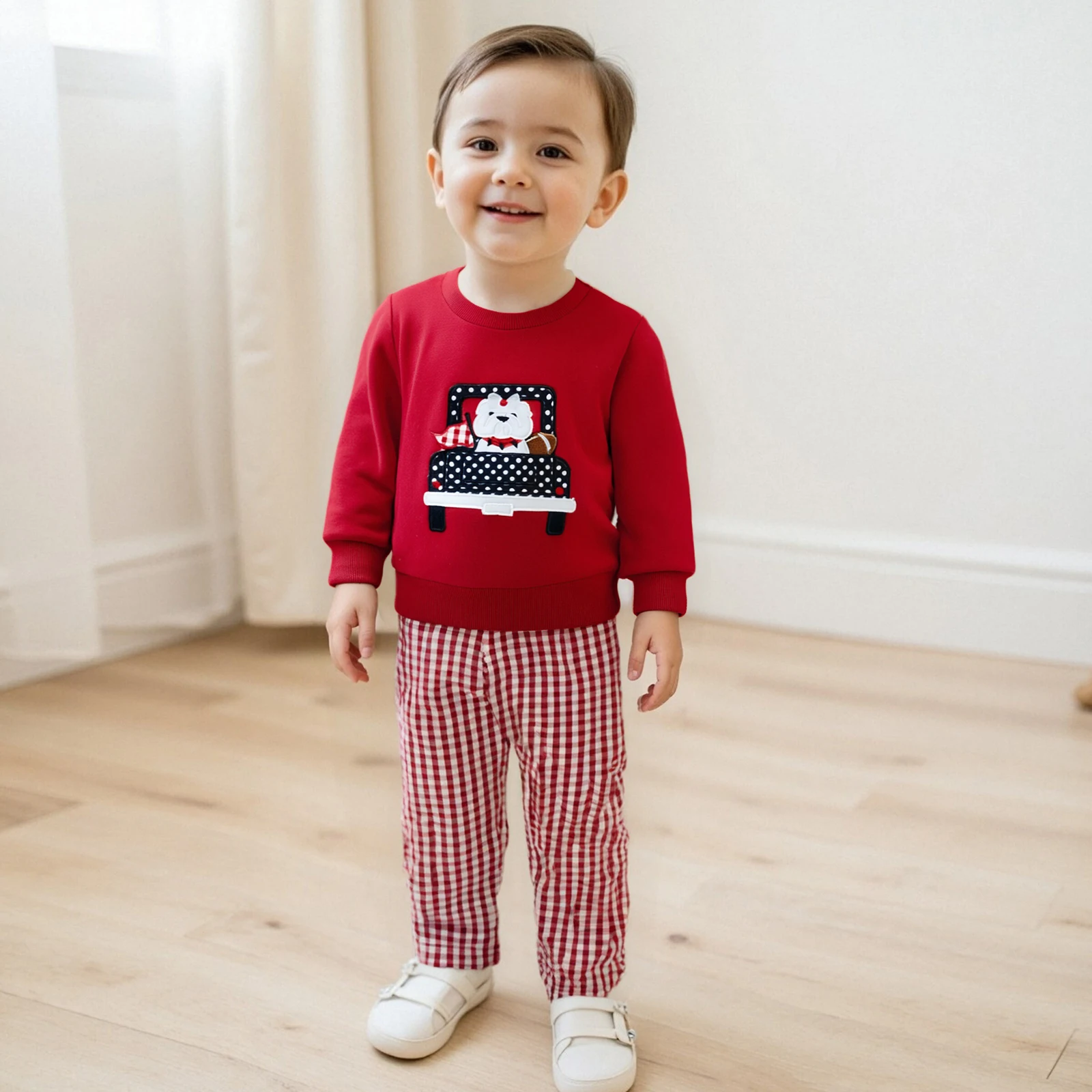 

Boys Fall 2Pcs Pants Sets Long Sleeve O Neck Car Embroidery Tops Plaid Pants Set Children's Clothing