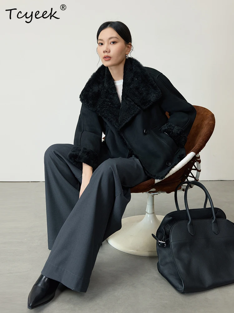 Tcyeek 本物のウール 秋冬 ハイエンド トレンド 韓国風 スタンドカラー ブラック レディース ウール シアリング ファーコート ファー婦人服