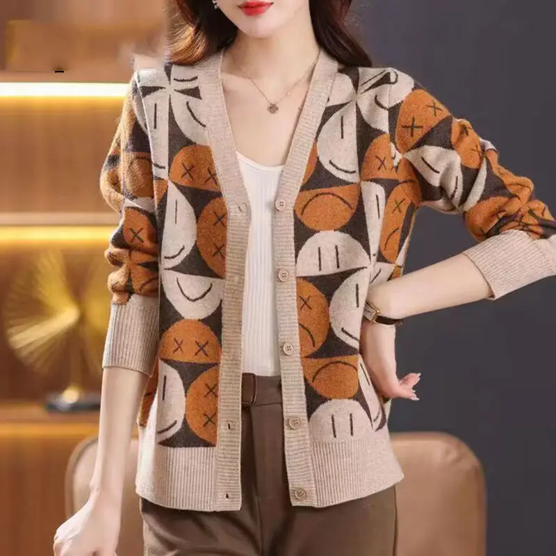 2024 Ladies New Knitting Cardigan Autumn Winter V-neck Long Sleeve Cartoon Sweater Coat Women Clothes Fashion Plaid Slim Top Tee