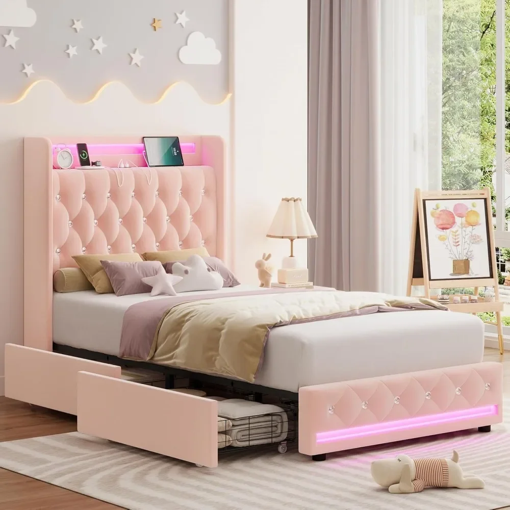 

Upholstered Twin LED Bed Frame with Charging Station Headboard & 4 Storage Drawers, Velvet Crystal Button-Tufted Princess