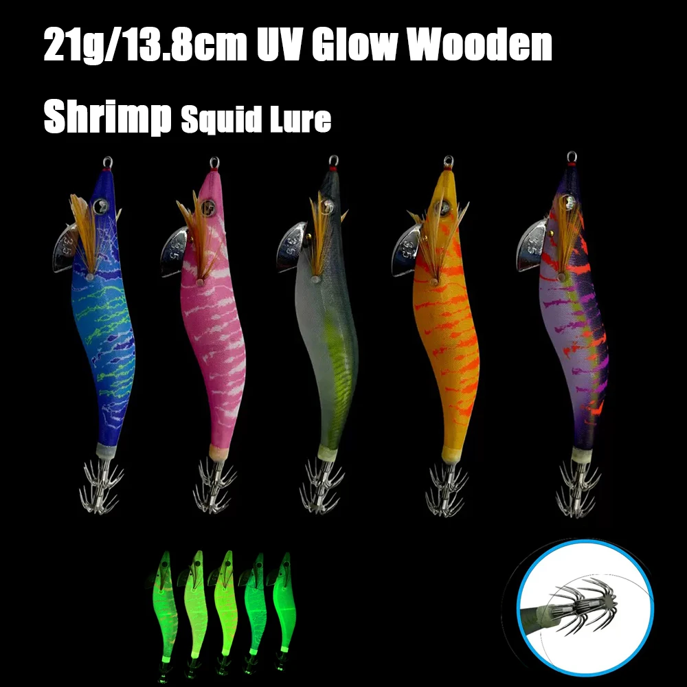 13,8cm 21g UV-Leuchtender Holz-Garnelen-Tintenfisch-Köder Sinkender Köder mit Rasselkugeln Verstärkter Haken Salzwasser Süßwasser Angelzubehör