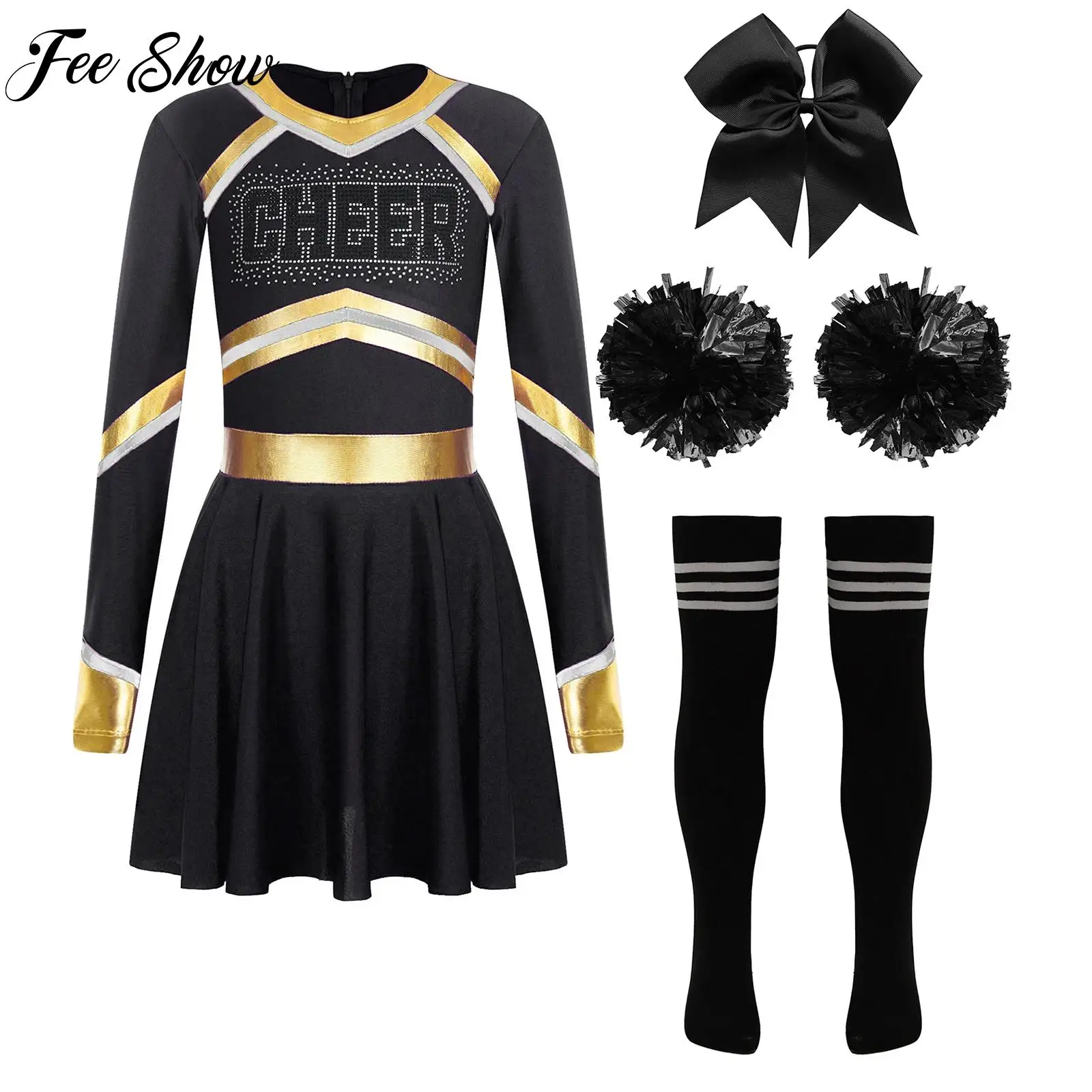 

Children School Girls Cheerleading Dance Outfit Glittery Rhinestones Dress with Accessories Set for Birthday Party Performance
