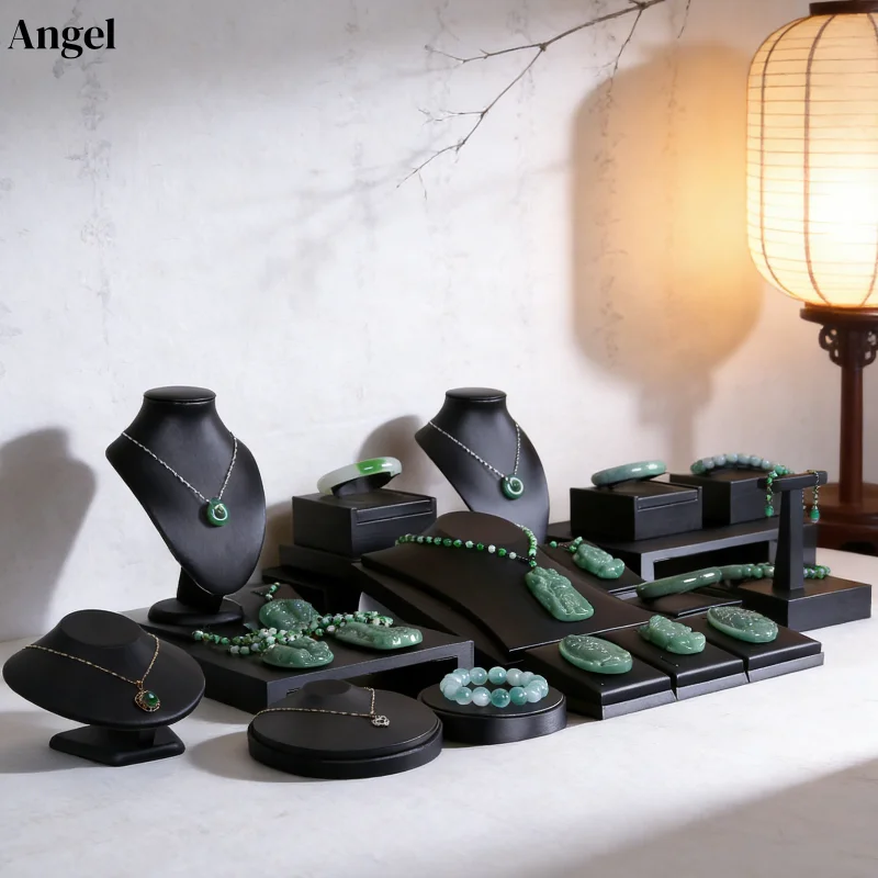 Black Leather Multi-Jewelry Display Stand, All-in-One Earring Necklace Ring Bracelet Holder for Store Counter & Window Showcase