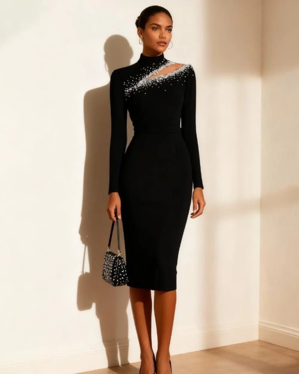 

Customized Formal Fashion Velour Pleat Rhinestone Beading Sequined Straight High Collar Knee Length Dresses Evening Dresses Sexy